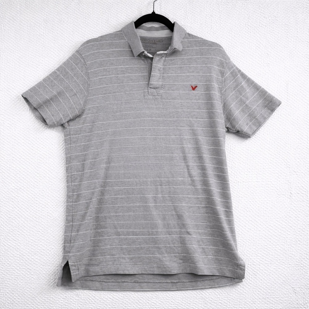 American Eagle‎ Mens Striped Polo Shirt Gray White Short Sleeve Logo Small S P